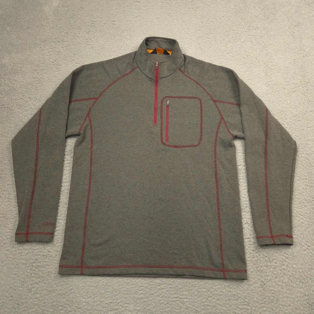 Orvis Mens Gray Quarter Zip Pullover Large Red Stitch Fleece Shirt